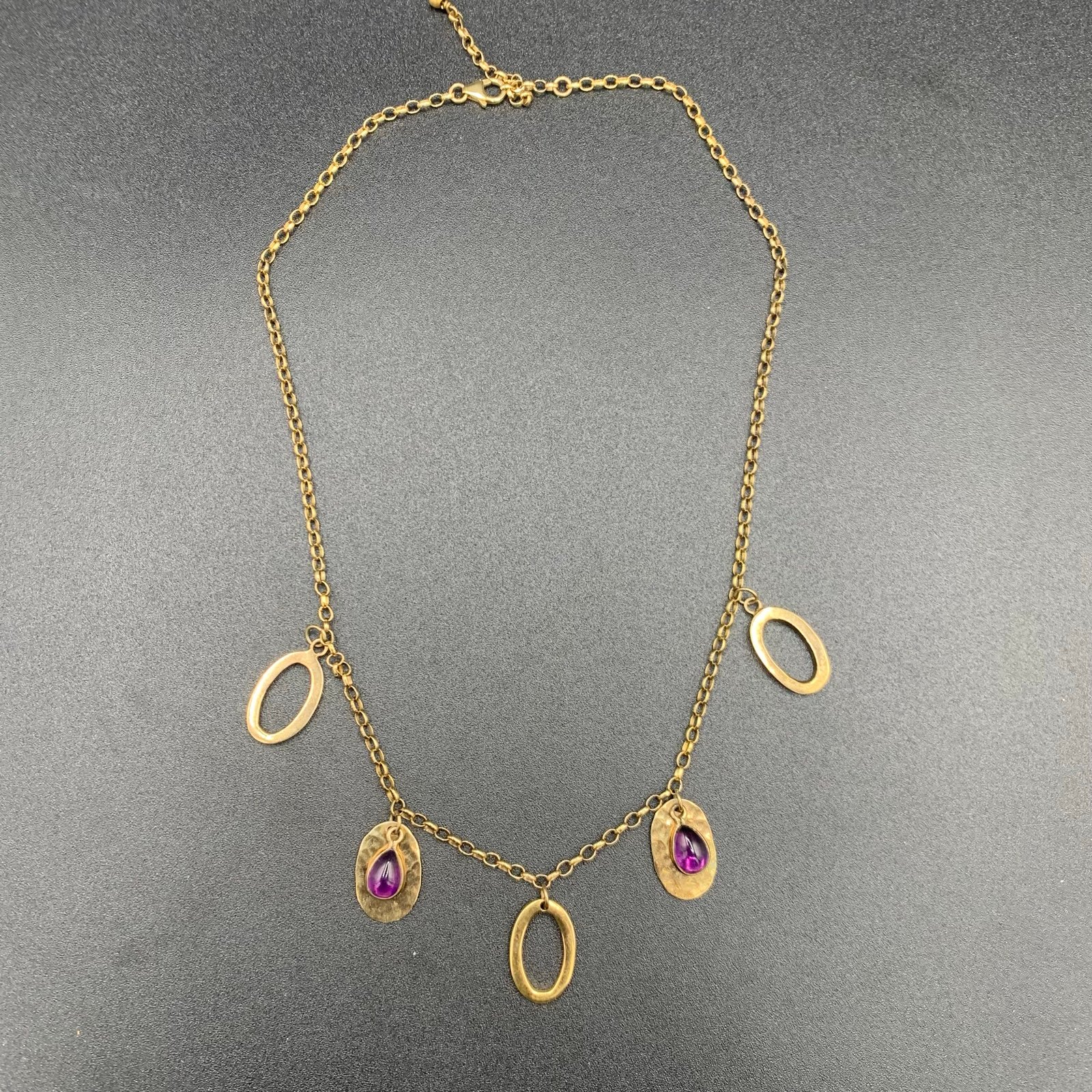 Station Drop Necklace Gold Over Sterling Silver Purple Cabochon Stone 925 20”