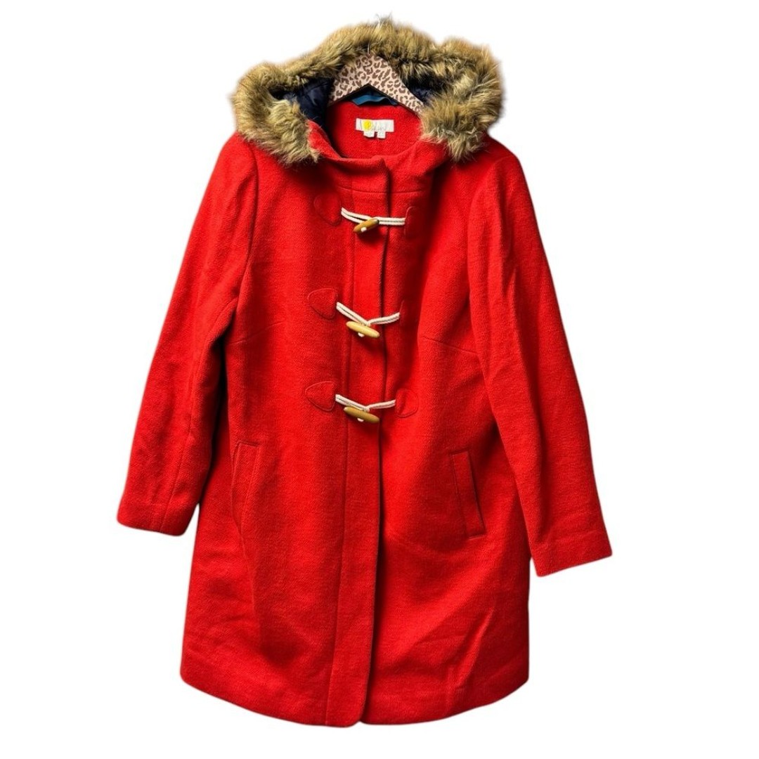 Boden Bronte Duffle Coat Wool Blend Faux Fur Hood Zip Toggle Long Sleeve Red 14