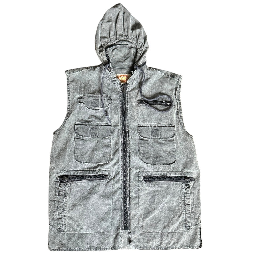 Banana Republic Vintage 80s Faded Gray Safari Utility Hooded Vest Size S