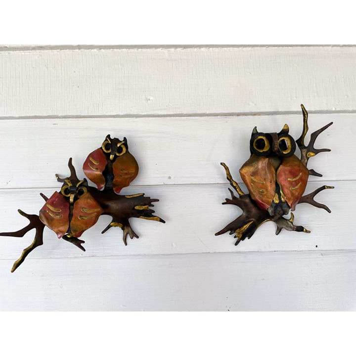 Vintage MCM Pair Brutalist Metal Owl Wall Decor