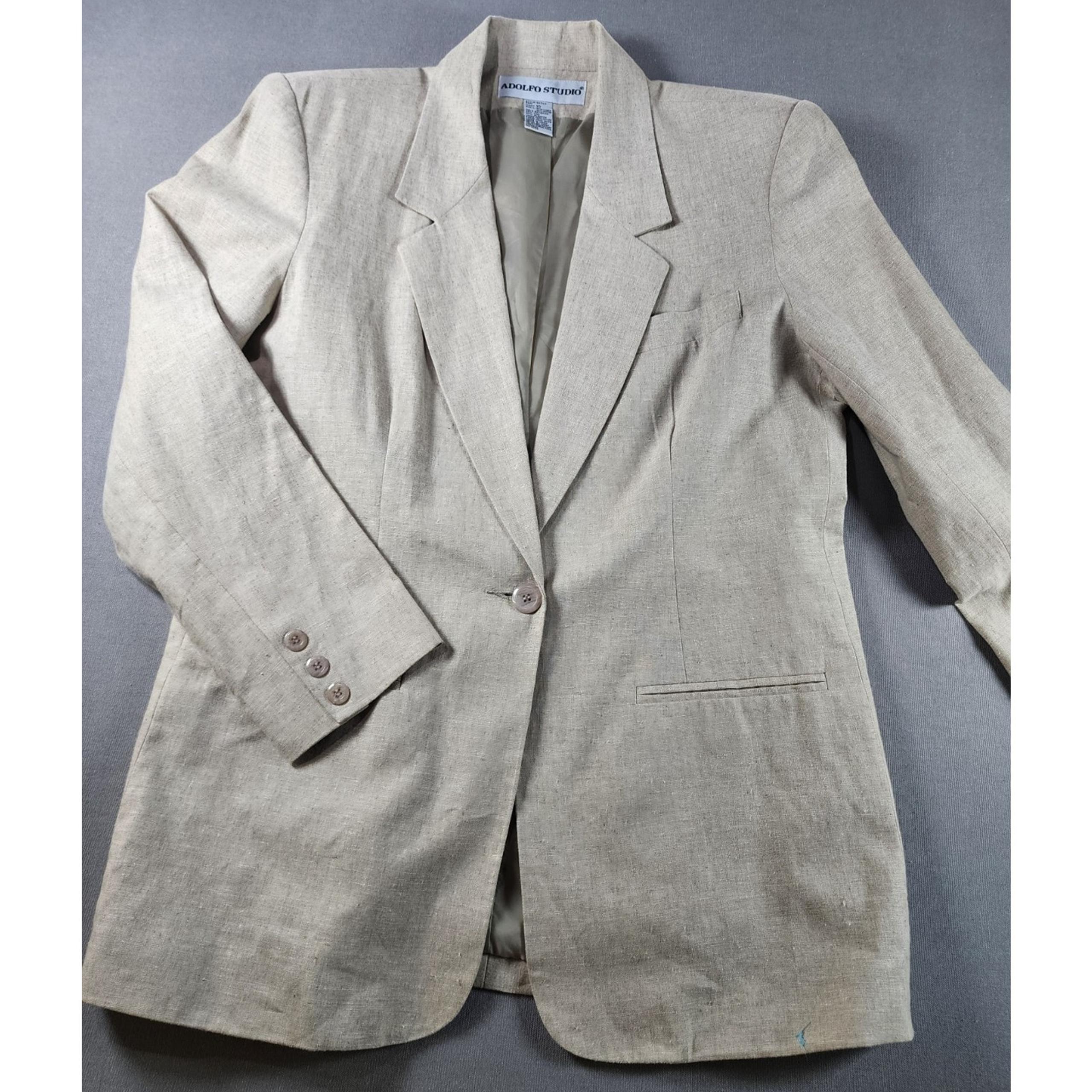 Adolfo Womens Linen Blend Blazer 10 Beige 1 Button Notch Collar Office Classic