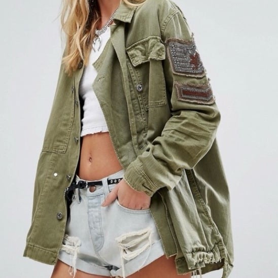 Free People Army Green Fatigue Beaded Military Shirt Jacket S