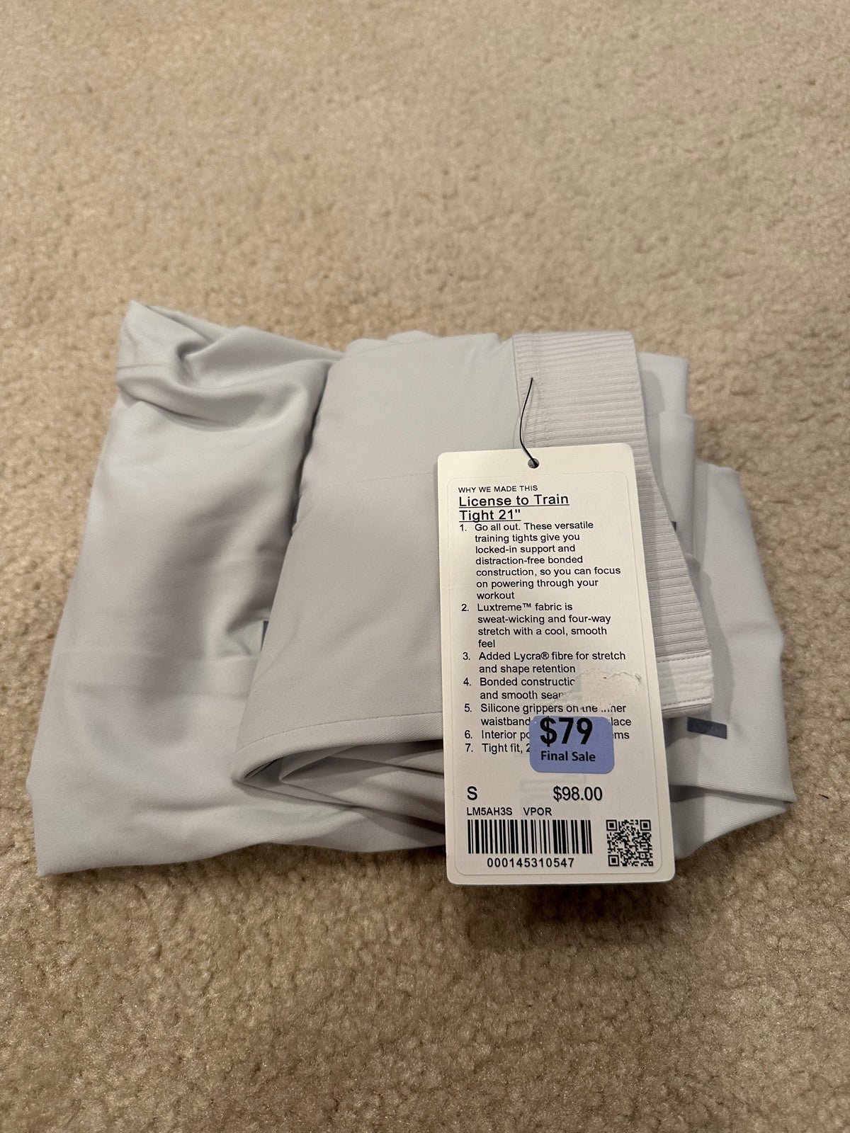 lululemon NWT Men License to Train leggings 21” Size Small Color Vapor