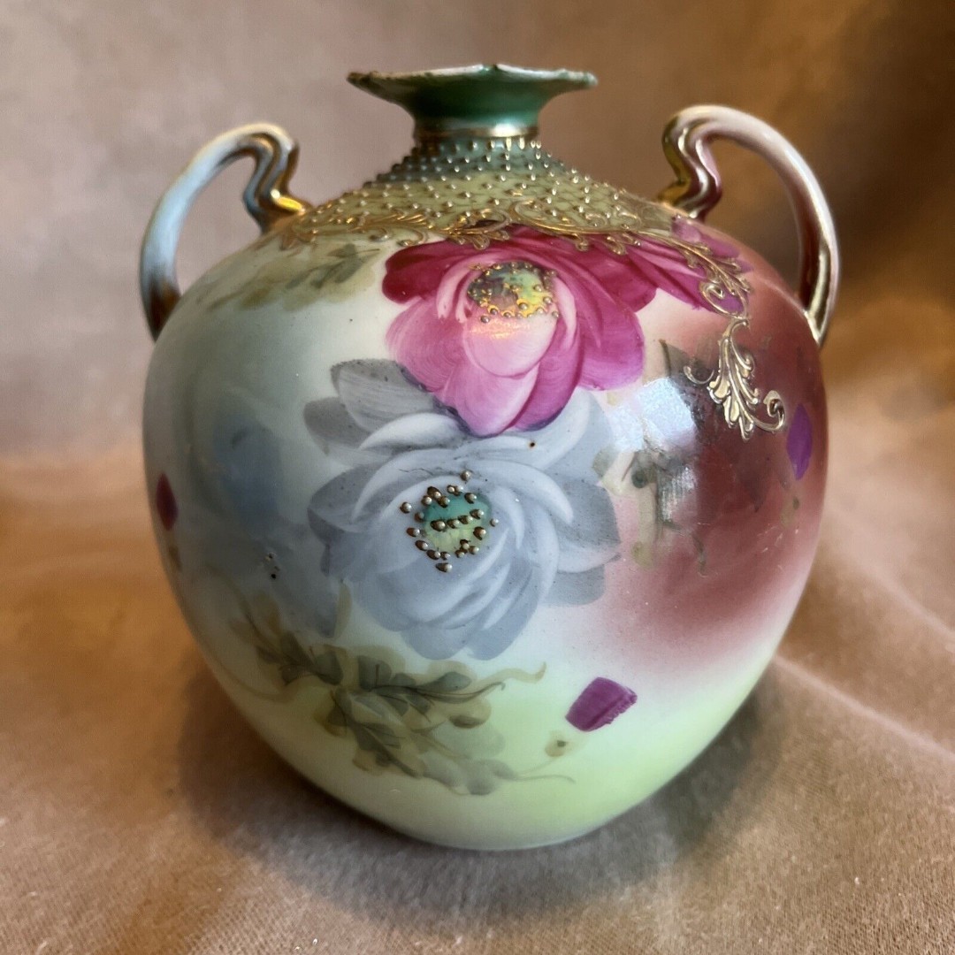 Antique Nippon Hand Painted 5” Vase Gold Beads, Gold Moriage, Roses & Floral