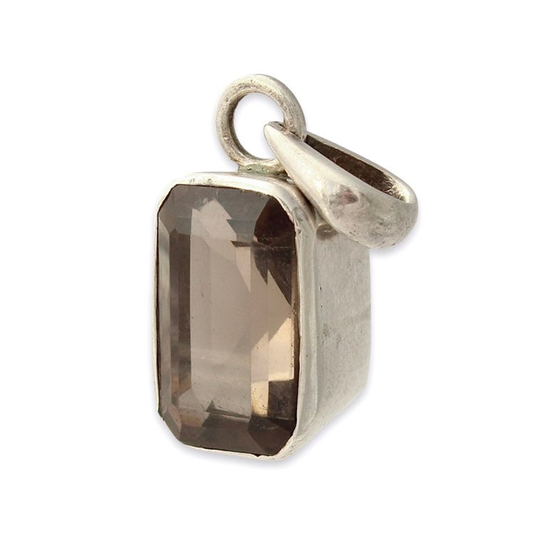 Vintage Smoky Quartz Sterling Silver Pendant Emerald Cut Gemstone Thick Bezel