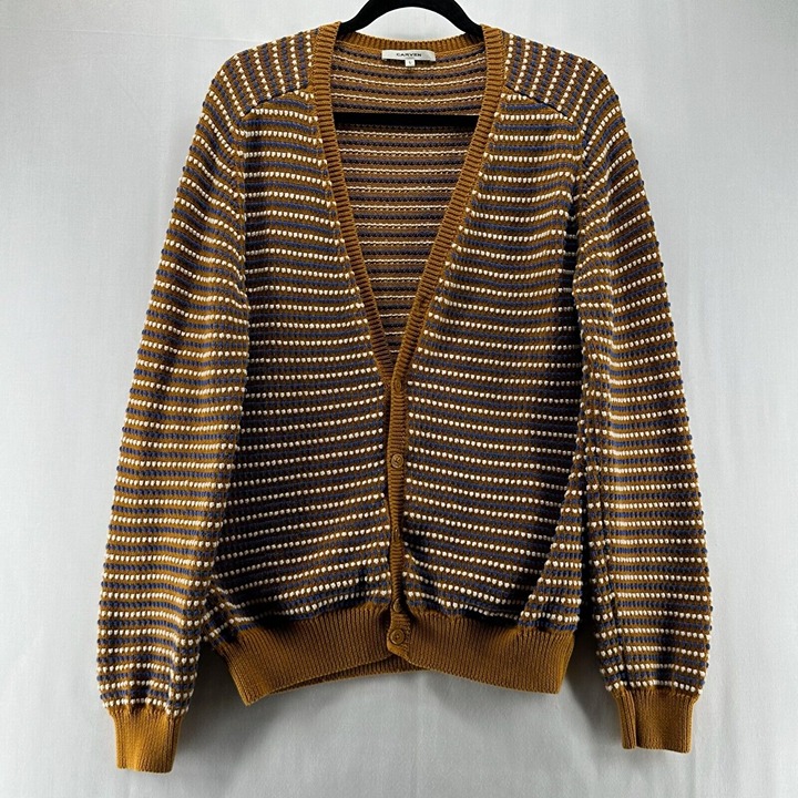 Carven Sweater Mens Sz L Button Up Knitted Cardigan Motif Stripe Brown/Multi