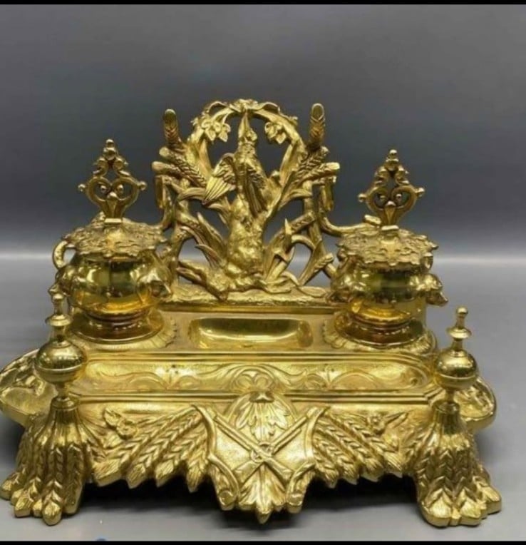 Antique Ornate Brass Double Inkwell