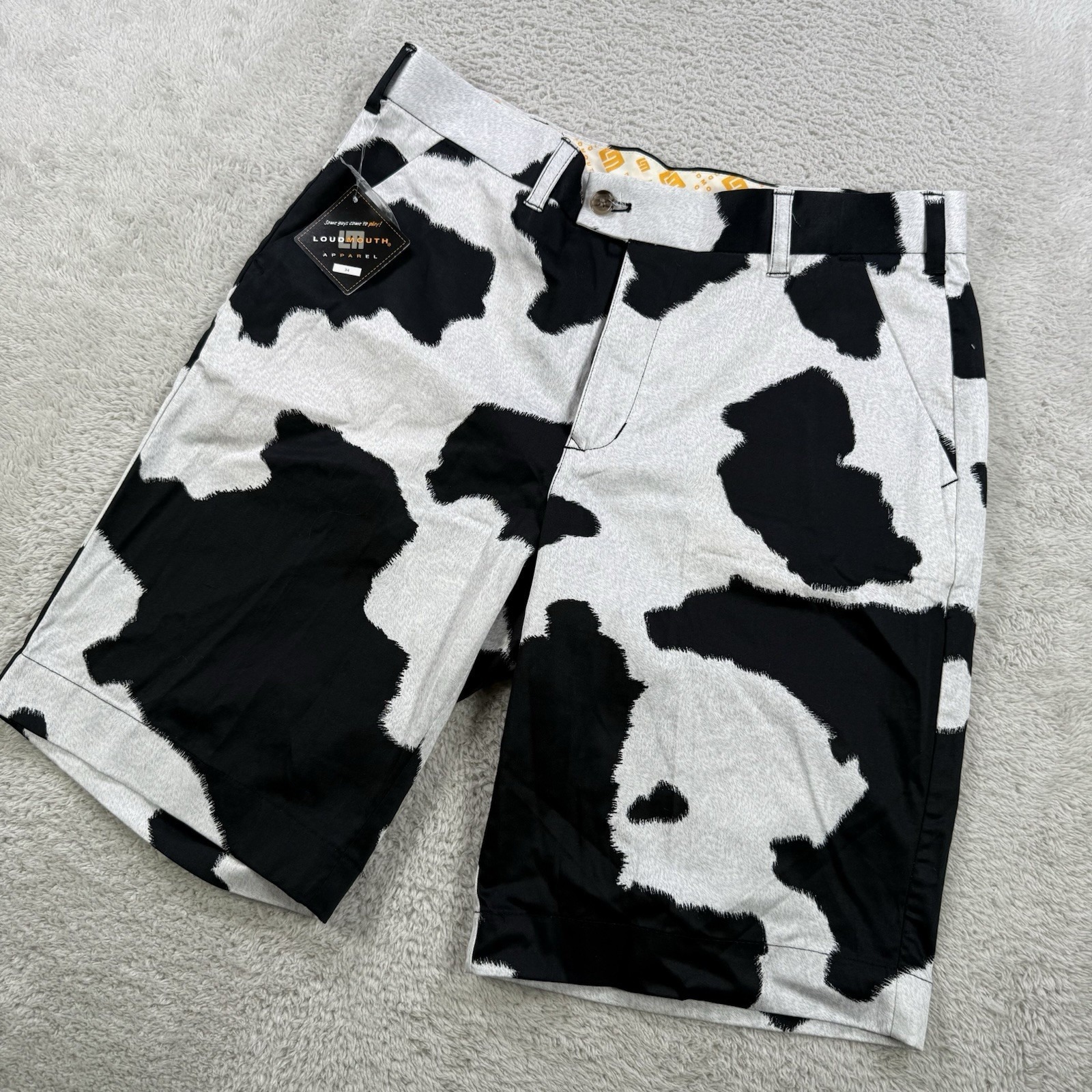 Loudmouth Shorts Mens 34 Black White Cow Golf Stretch Active AOP Animal