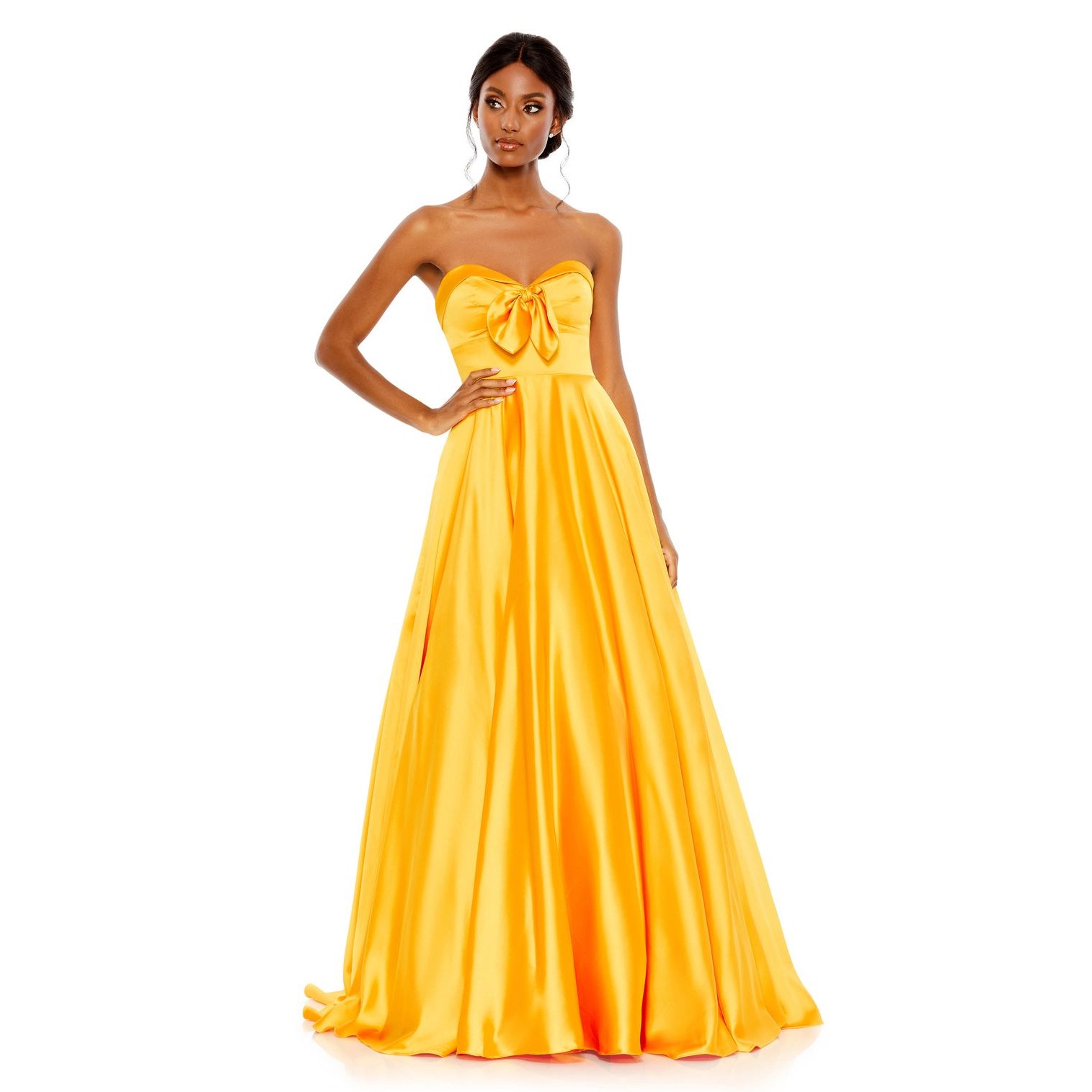Mac Duggal Front Bow Strapless Sweetheart Prom Dress Ball Gown Yellow Size 4 NWT