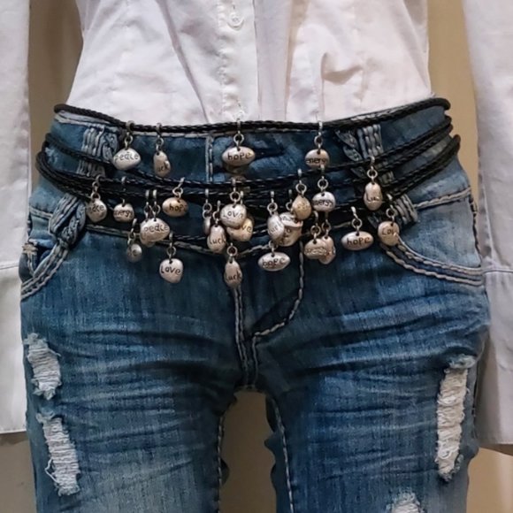 BOHO CHIC Vintage Long Multi Strand Silver Charms Black Braided Belt