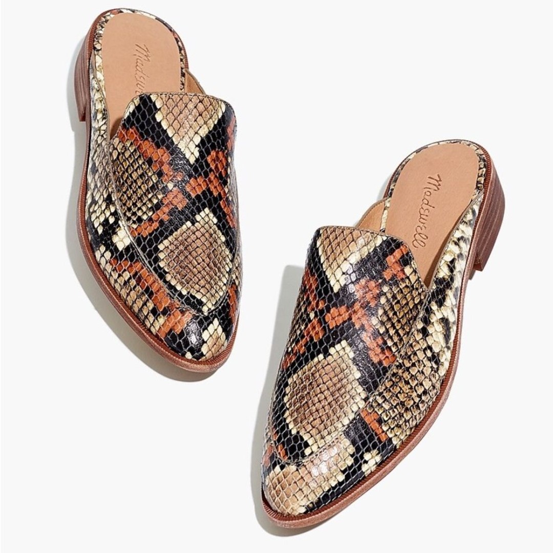Madewell The Frances Loafer Mule in Brown Black Snake Embossed Leather