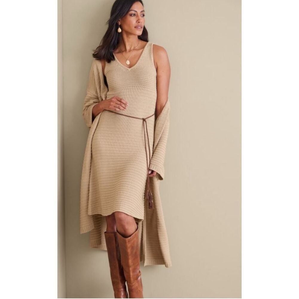 NWOT Soft Surroundings 2X Beige Sleeveless BeltedMetallic Sweater Knit Dress