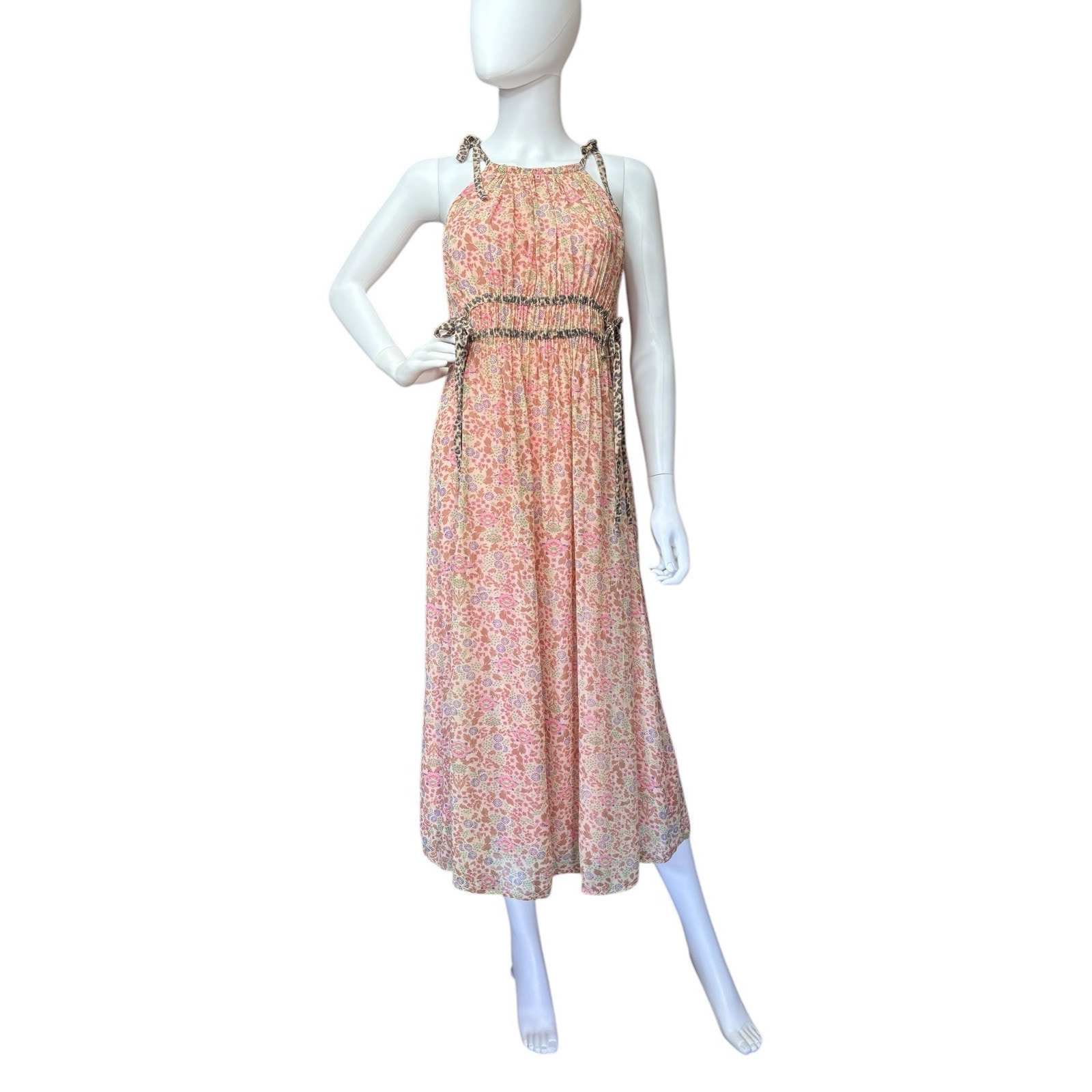 Anthropologie Maeve Clementina Halter Maxi Dress Pink Floral Chiffon Size Small