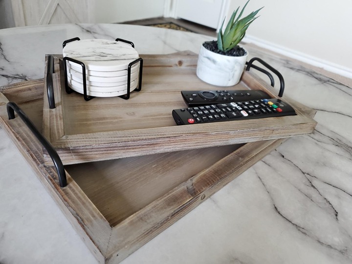 Rustic Vintage Food Serving Trays Set of 2 Nesting Wooden Board with Metal Handl