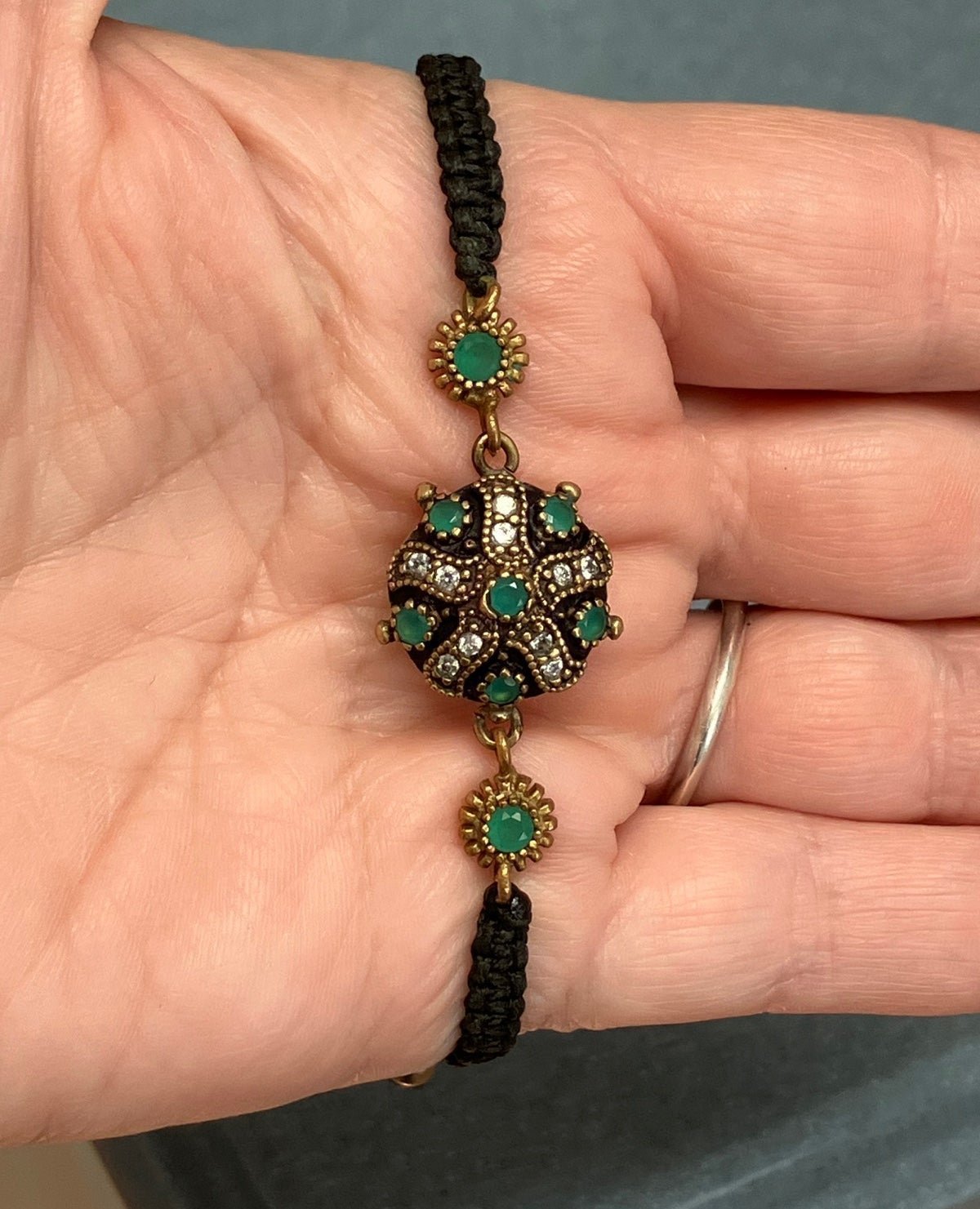 RARE Vintage Estate Green Emerald Diamond Gemstone Kaballah Bracelet W/GIFT BOX