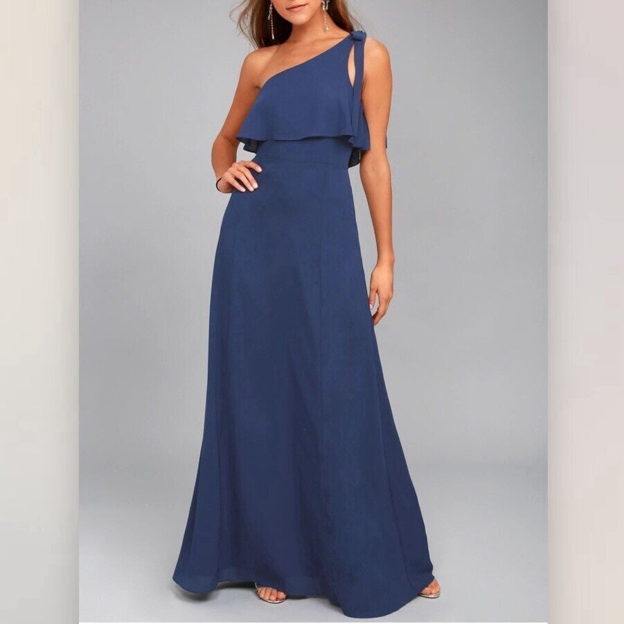 NWT Lulus Purpose Navy Blue One-Shoulder Flounce Maxi Dress SMALL
