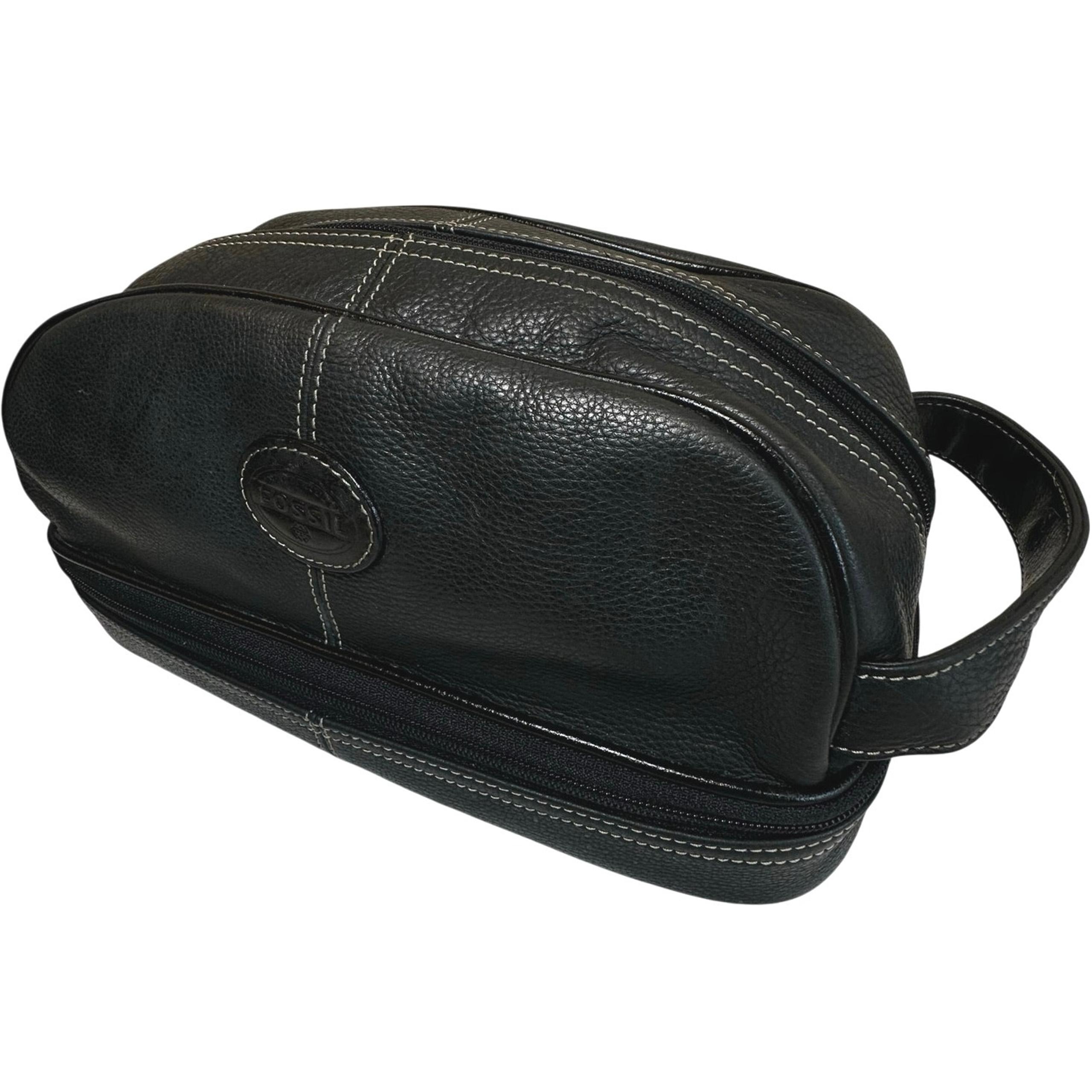 VTG Fossil Leather Travel Men's Toiletry Bag Black Pebbled Multi Zip Compartment