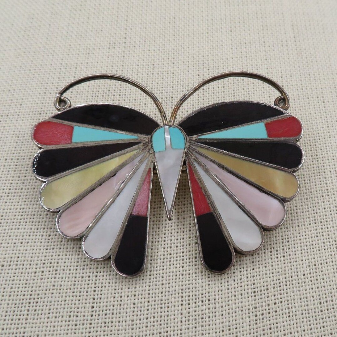 Vintage Zuni Butterfly Multi Stone Inlay Sterling Silver Pendant Brooch