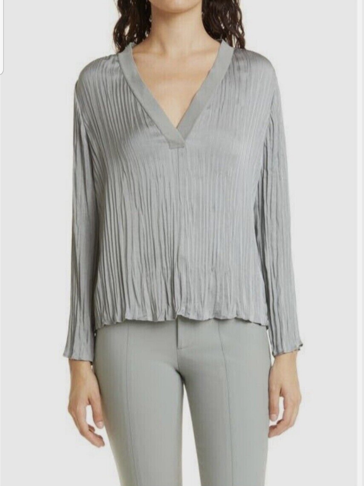 Vince Womens Blouse Light Slate Crushed Satin V Neck Long Sleeve Tunic Size S/P