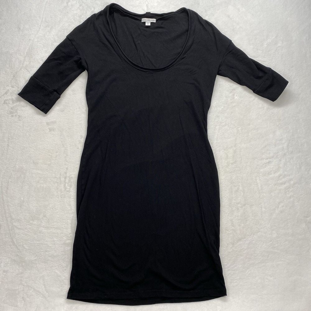 James Perse Dress Sz 2 black Boat Neck 3/4 Sleeve Body Con Cotton Blend Stretch