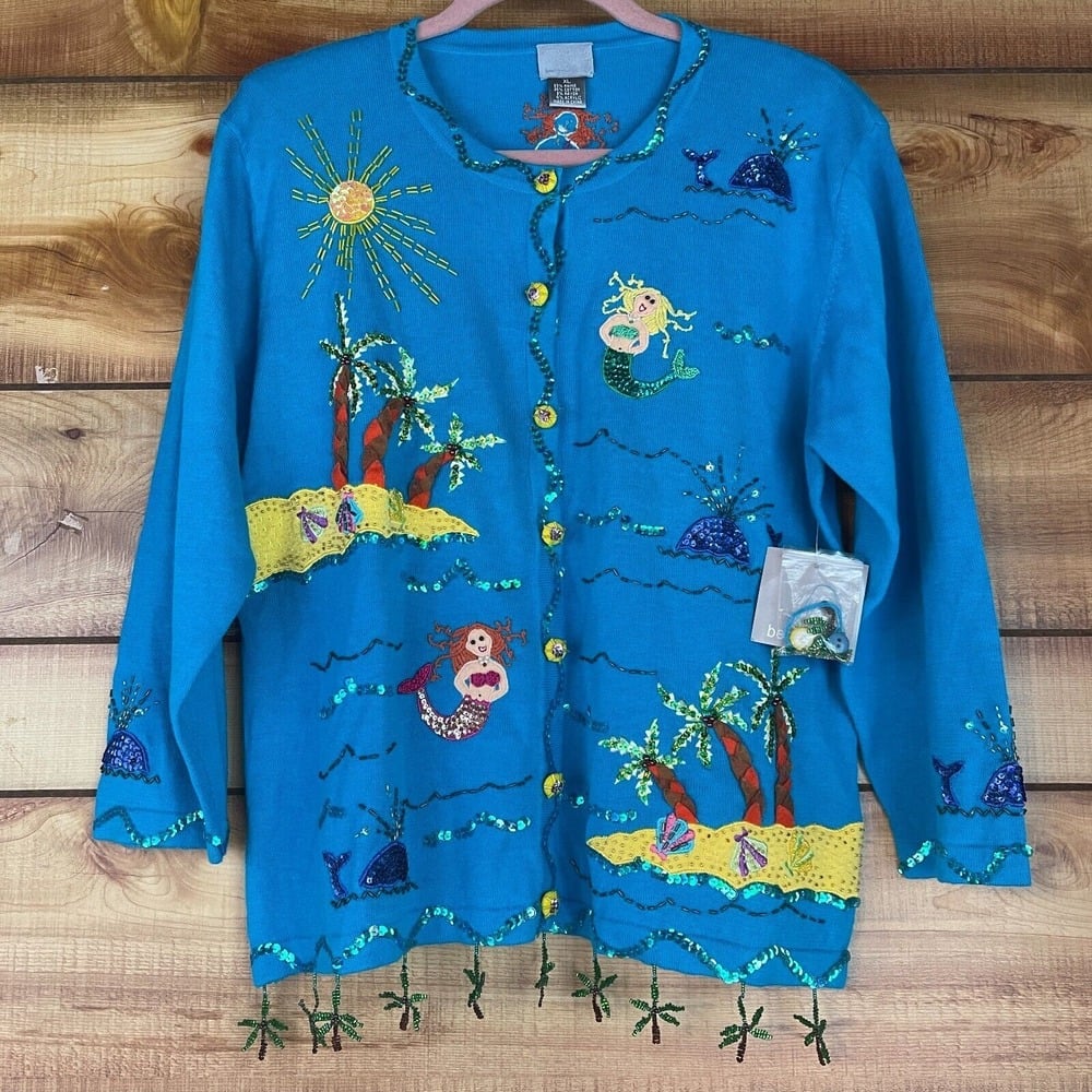 Berek Knit Cardigan Sweater Womens XL Embroidered Embellished Beachy NEW