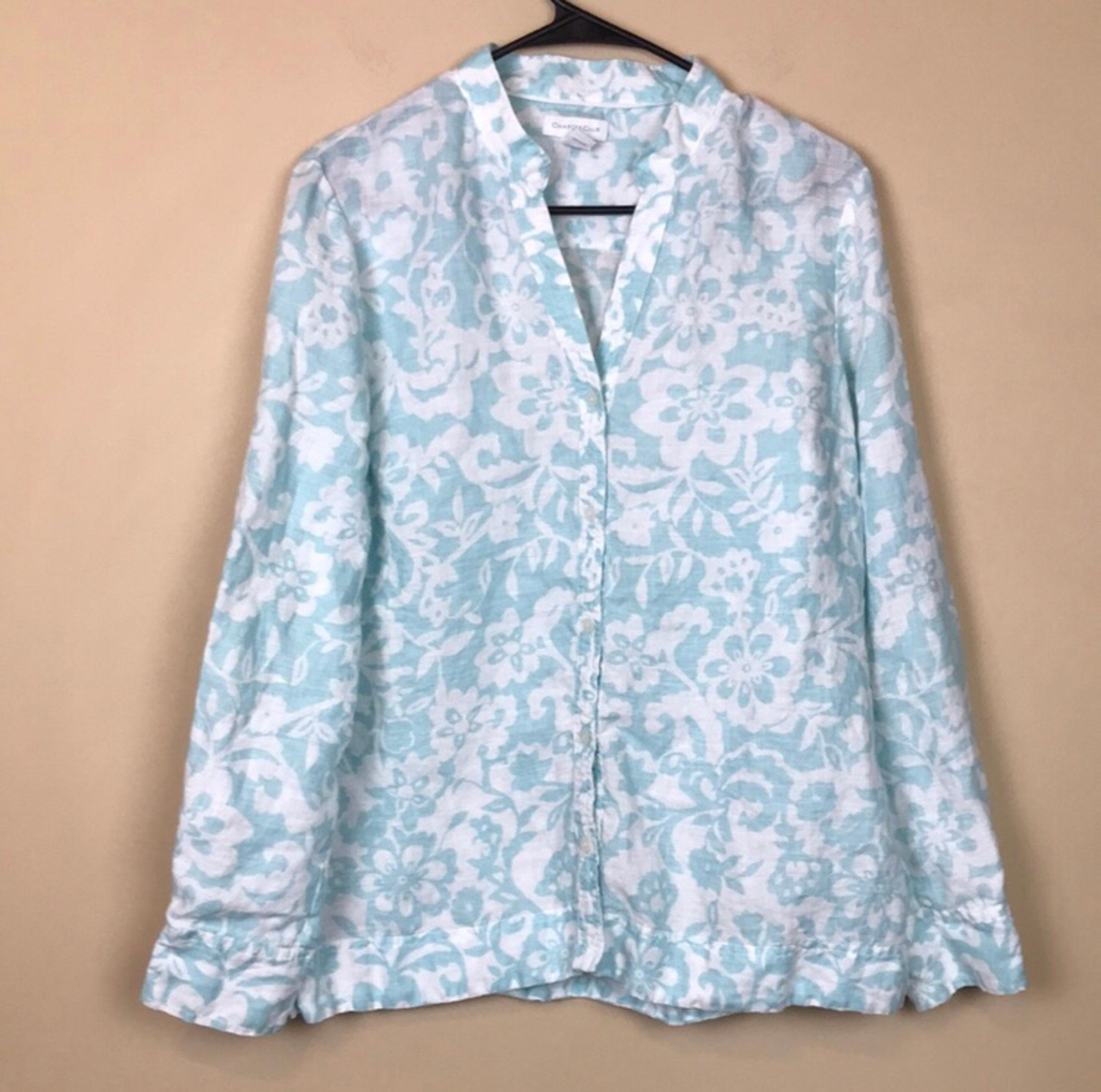 Charter Club Women’s Linen Floral Print Blue White Button-Up Long Sleeve Shirt