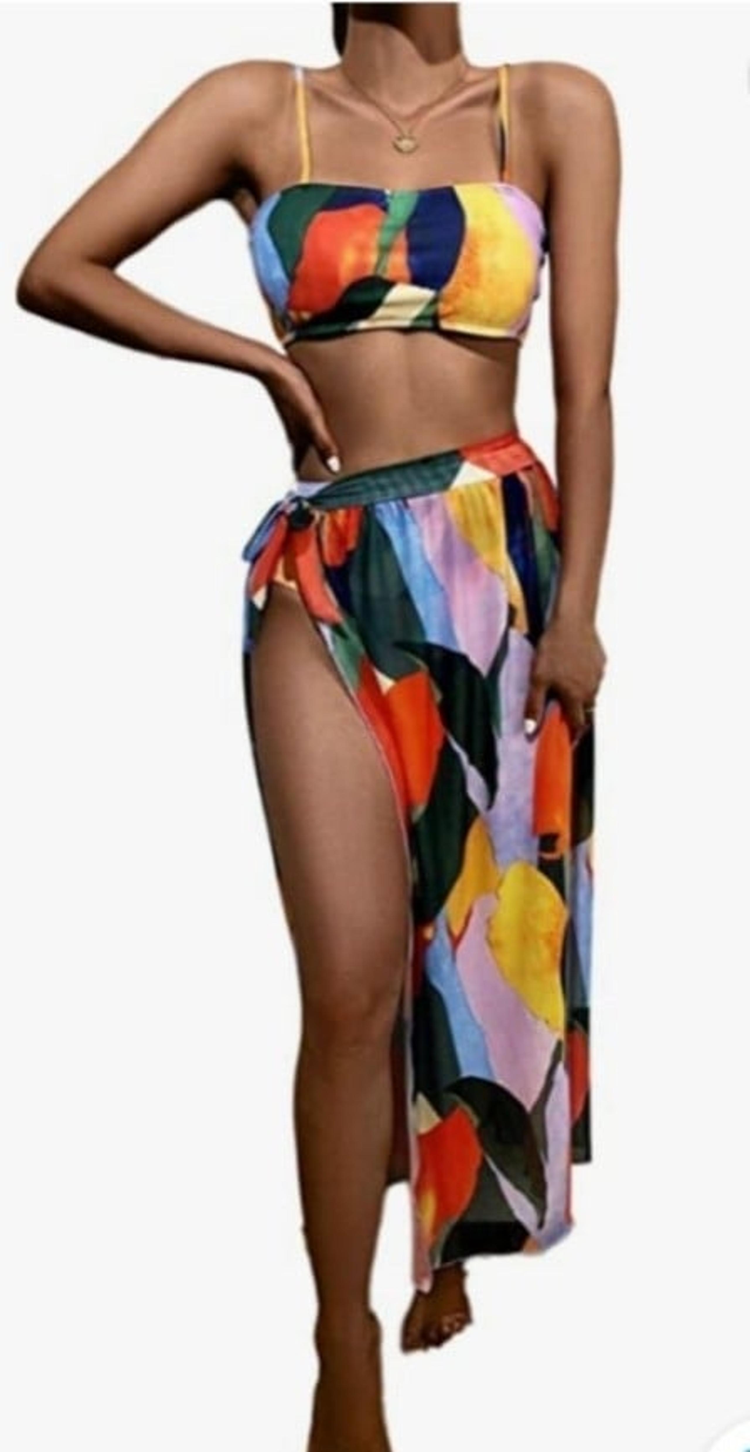 Women's 3 Pieces Graphic Bikini Swimsuit and Swimwear Cover Up Beach Skirt