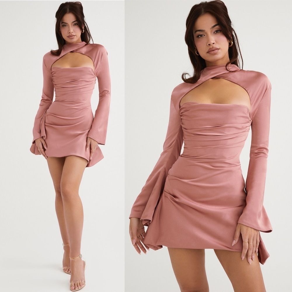 House of CB Toira Satin Corset Rose Pink Flare Mini Dress NWOT size XS