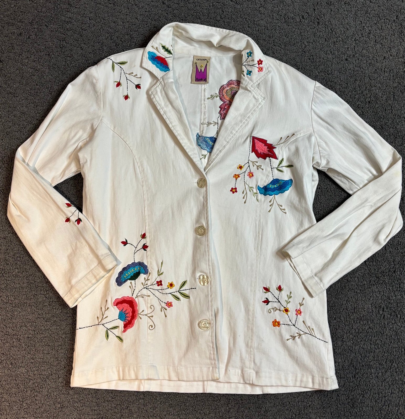 Original Anthony White Button Down Blazer Jacket Top Embroidered Flowers Medium