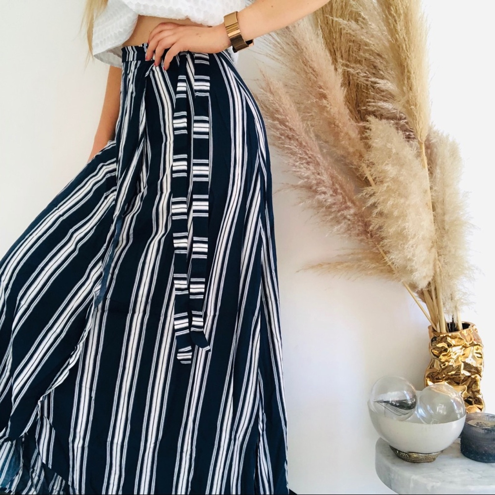 SMYM MUMU Navy Blue White Siren Stripe Maxi Wrap Tie Waist Slit Skirt S
