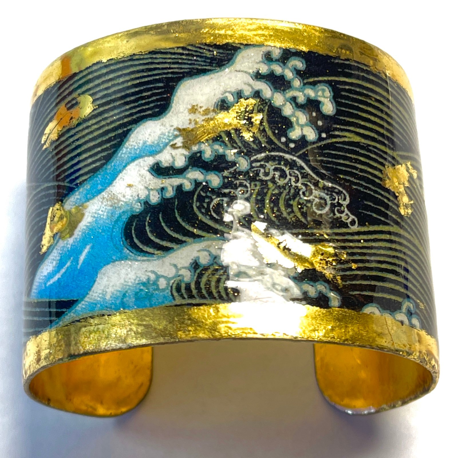 Evocateur Luxury Cuff Bracelet Great Wave Hokusai Inspired 22k Gold Leaf