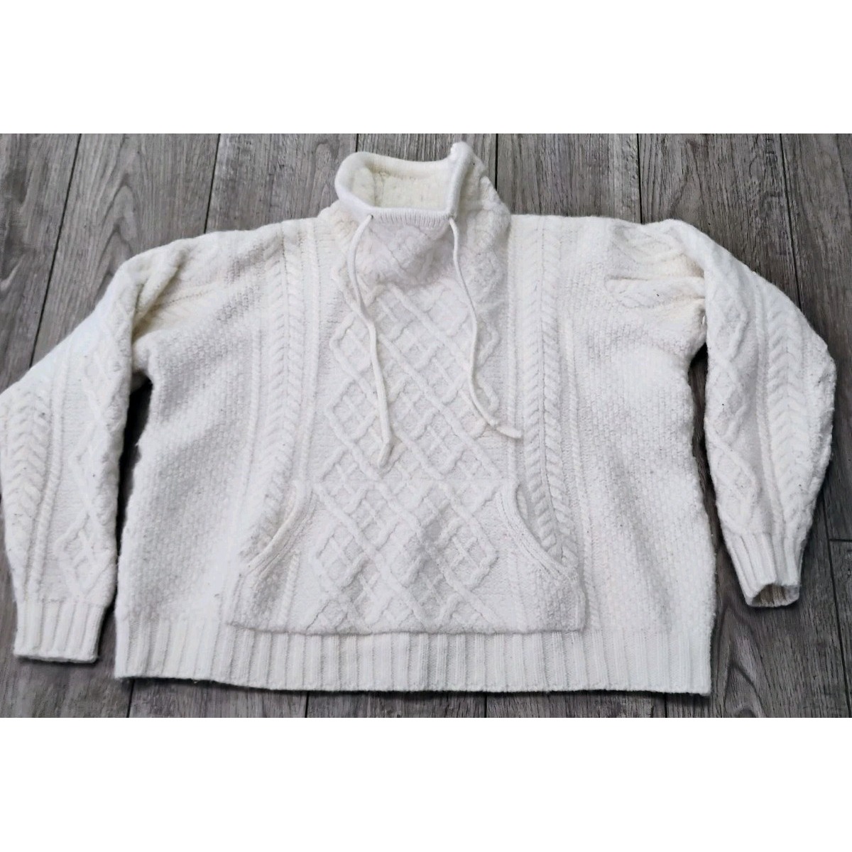 Aran Knit Cowl Neck Sweater Natural Ivory Size L Soft Merino Cable Knit Ireland