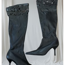 Colin Stuart 9B black leather over the knee boots with stiletto heel & cut outs.