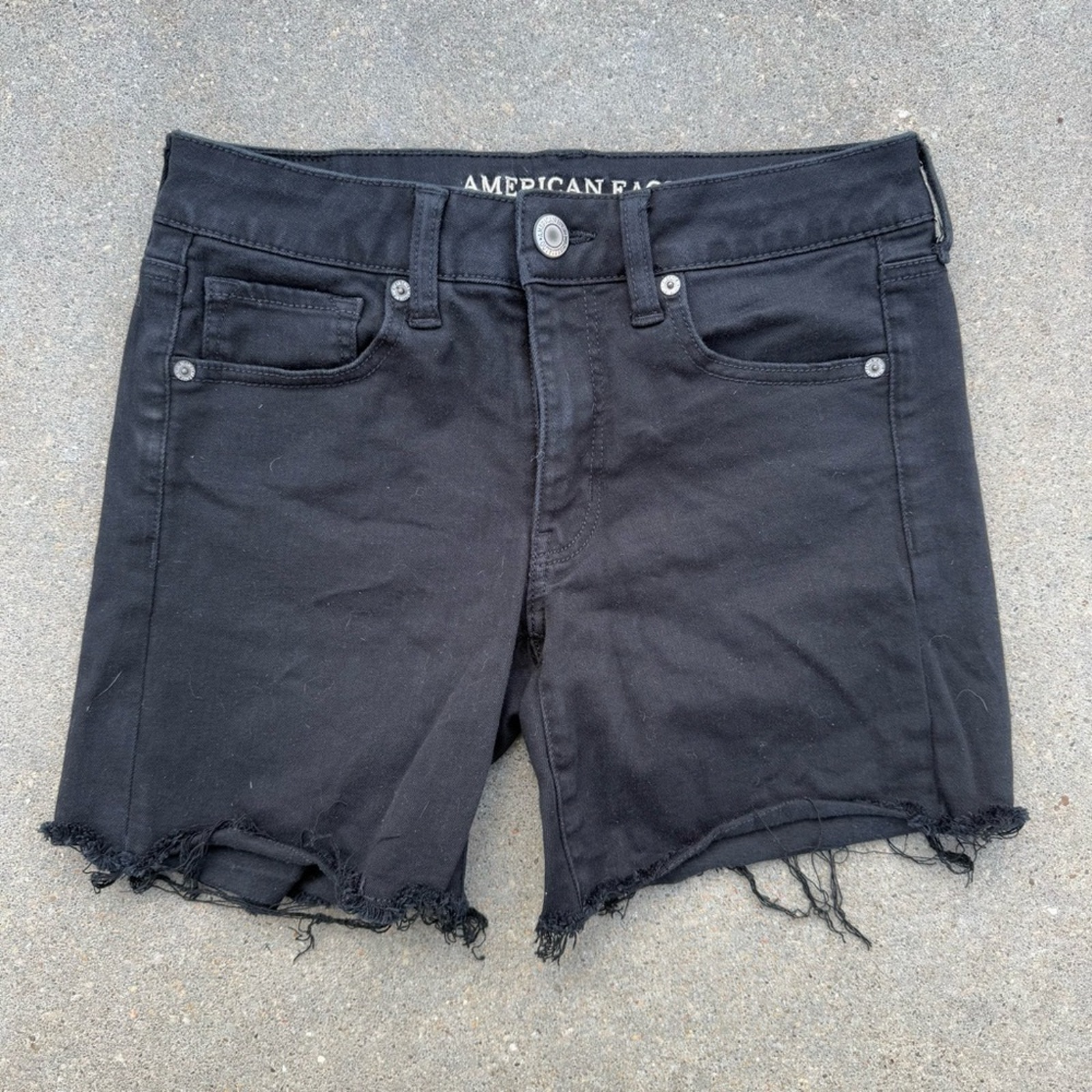 American Eagle Black Midi Denim Jean Cutoff Shorts Next Level Stretch Size 6