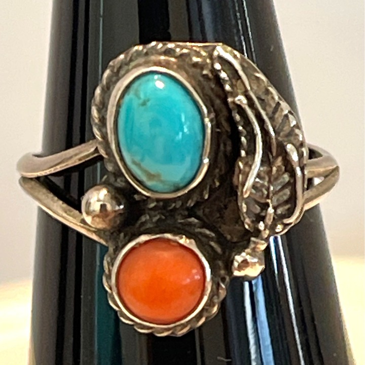 Silver Turquoise Coral Leaf Ring Size 6.5 Southwest Native American Vintage