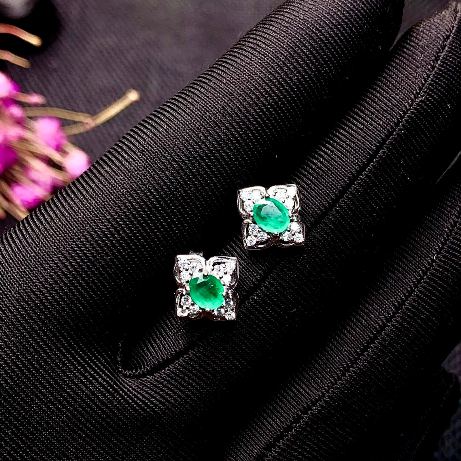 Natural Emerald Flower Stud Earrings, Sterling Silver Emerald Stud Earrings