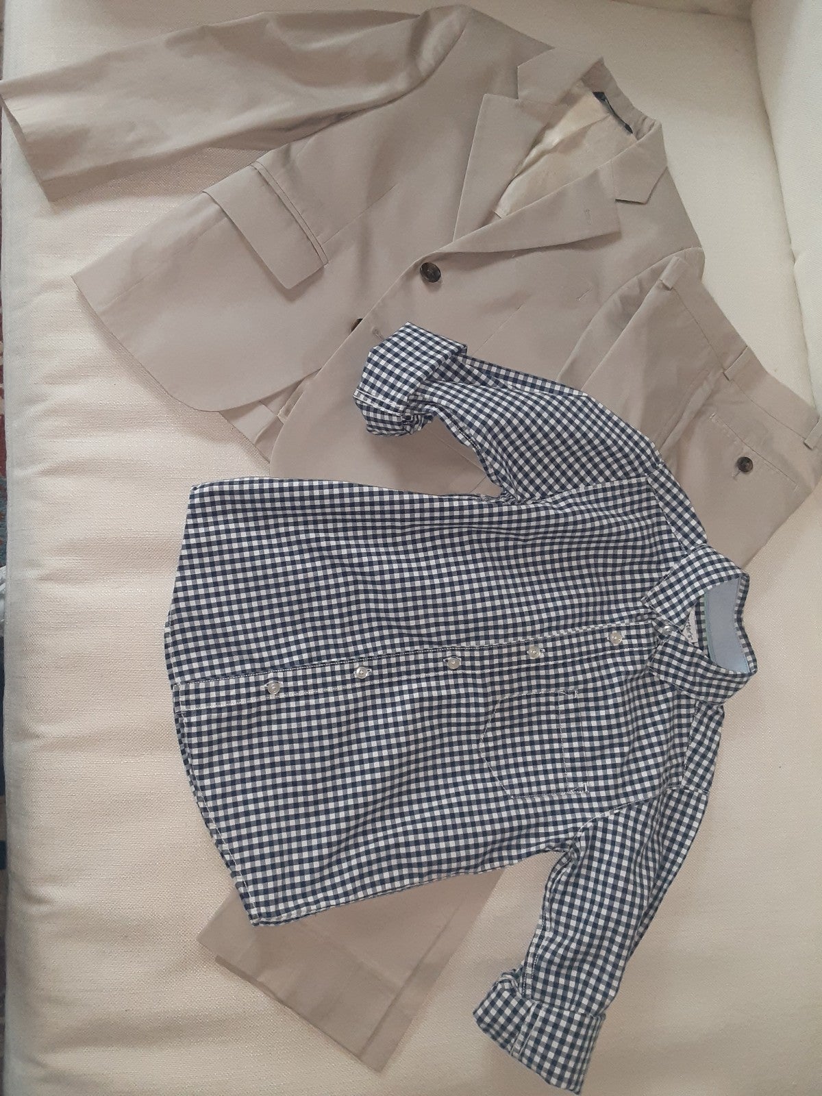 Boys khaki BROOKS BROTHERS Suit, Blue/White Gingham Shirt and Driving Loafers
