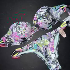 Victoria's Secret 32C BIKINI S itsy bottom BLACK WHITE PINK PURPLE PALM STRAPPY