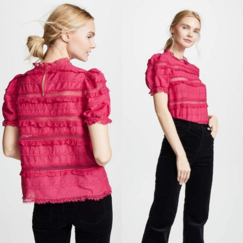 Ulla Johnson Desi Top Pink Size 2 Ruffle Vibrant Boho Fun Mesh Lighweight
