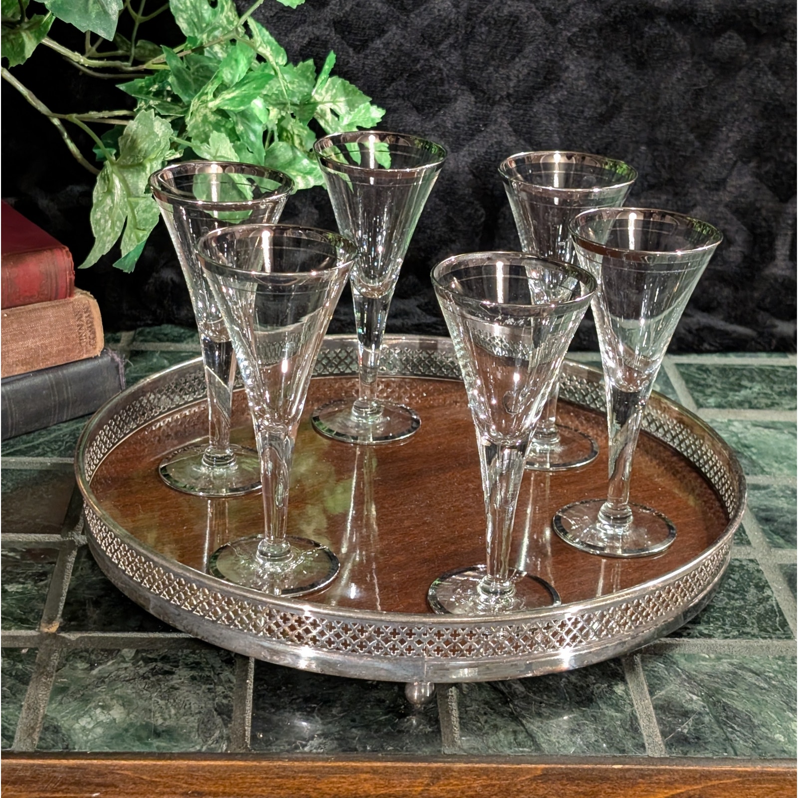 6 Mid Century Platinum Silver Rim Claret Dessert Wine Hand Blown Crystal Goblets