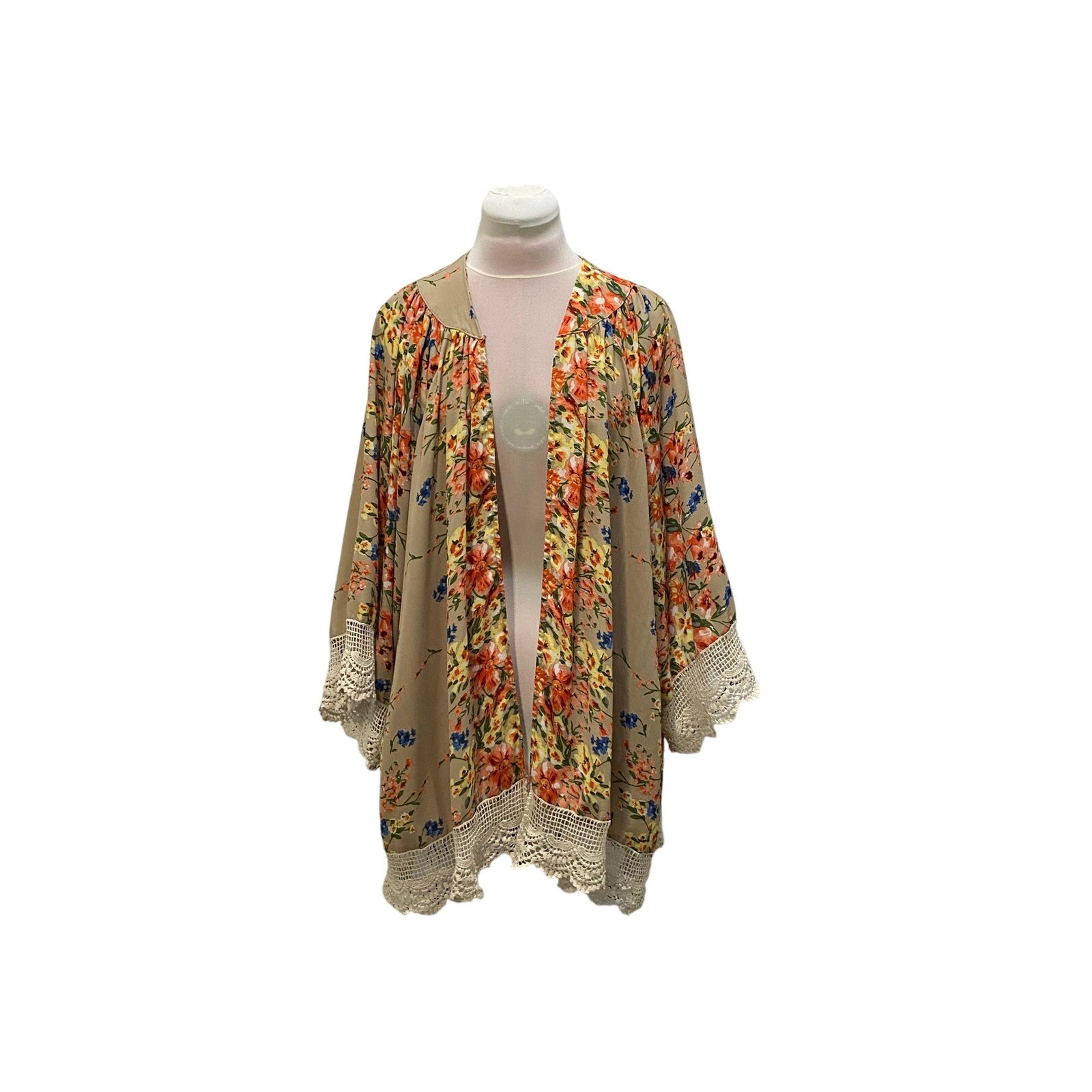 UMGEE Tan Floral Kimono Topper Cover Up Wide Crocheted Lace Trim M/L Boho Hippie