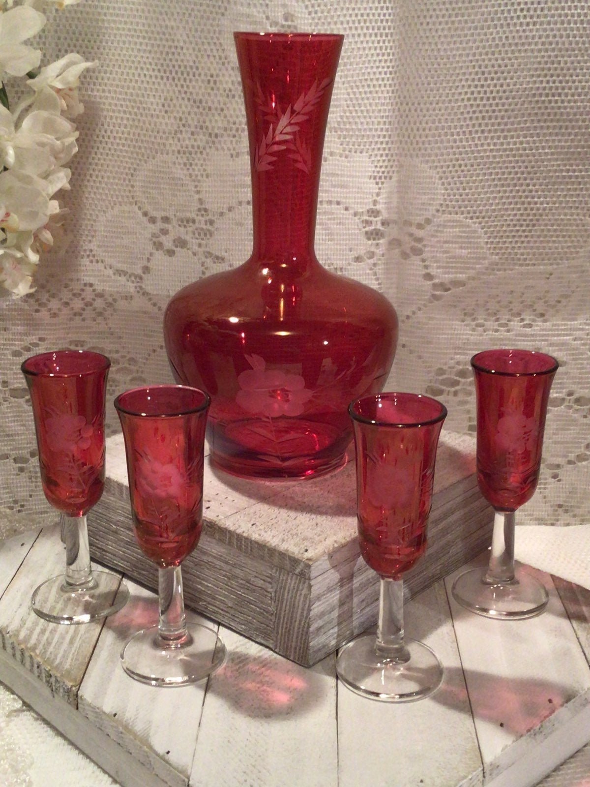 Cranberry Glass Decanter Set Bohemian Etched Carafe with 4 Stemmed Cordial Glass