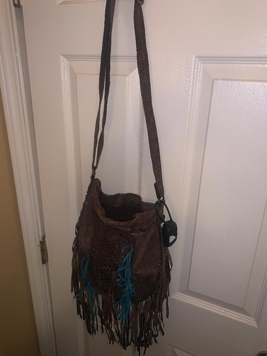 Vintage Dark Brown Suede Leather Fringe Bucket Bag Purse Drawstring Boho Western