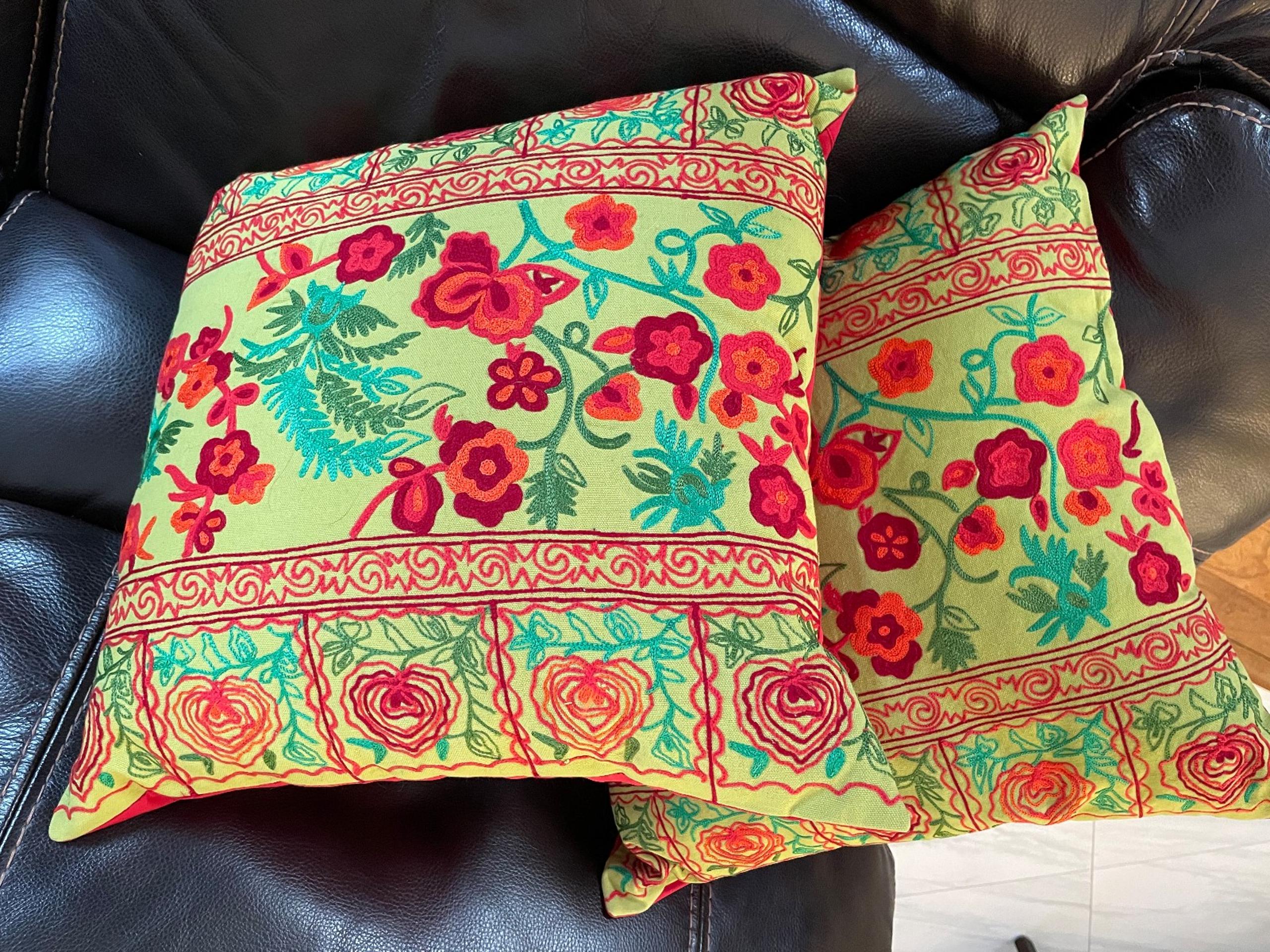 Set of 2 New Green, Teal & Red Embroidered Decorative Square Toss Pillows