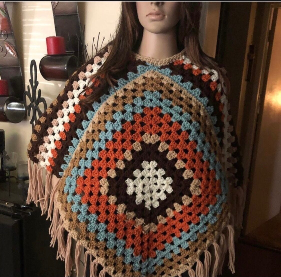 Hippie Boho Granny Square Poncho a One of a Kind