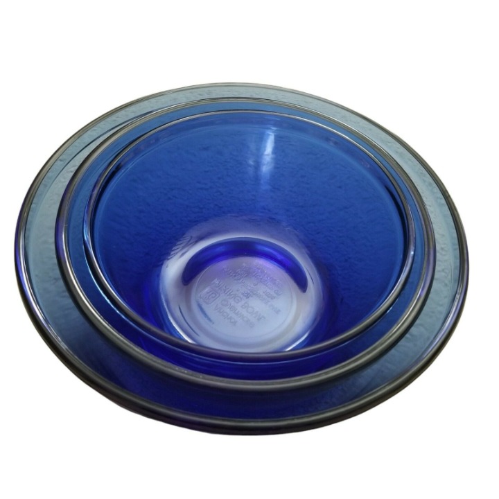 Vintage Set Of 3 Anchor Hocking Nesting Cobalt Blue Glass Mixing Bowls Oven safe