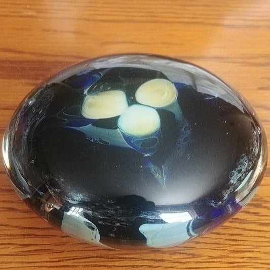 Unique Abstract Jim Karg Hand-Blown Glass Paperweight Blue Grey Spots