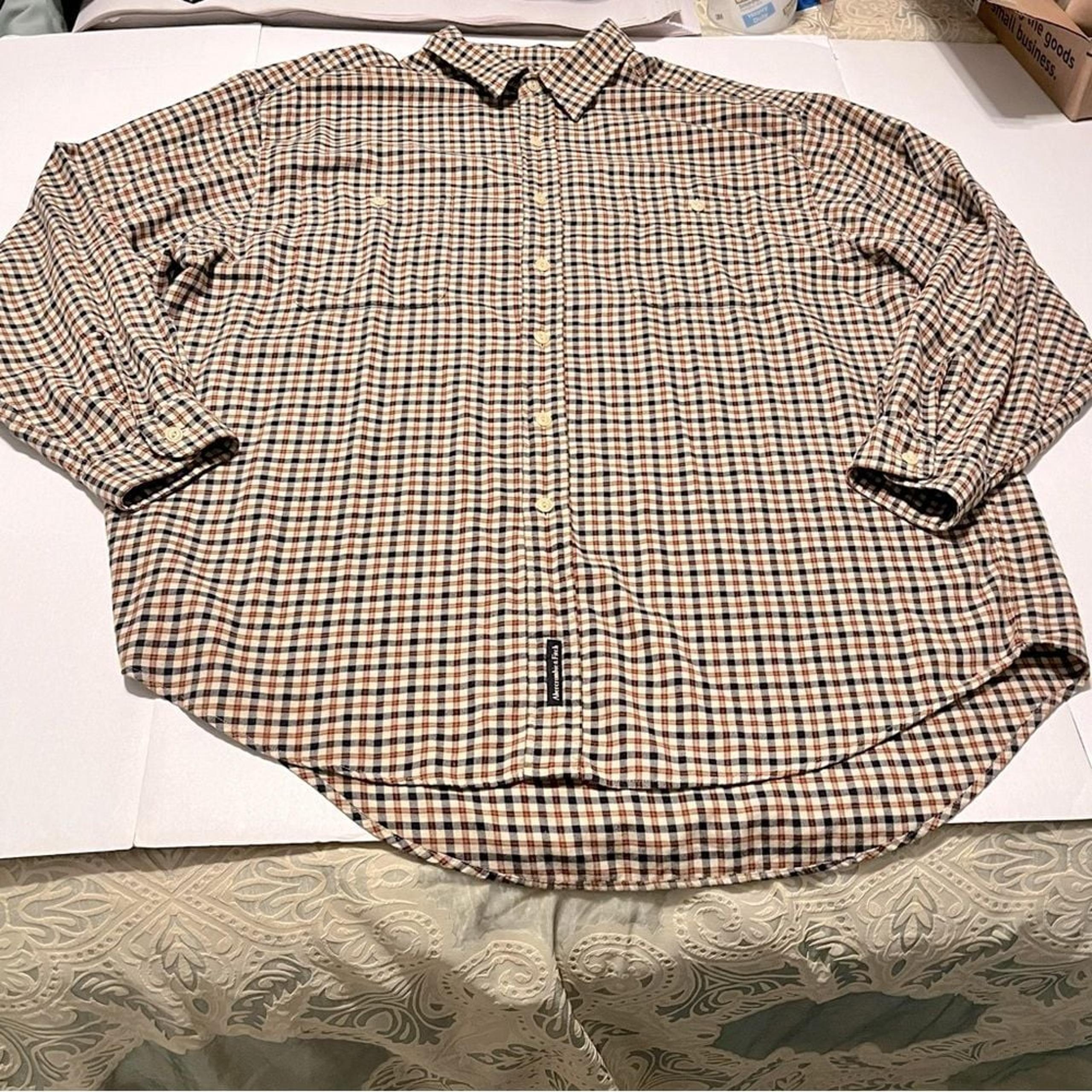 Abercrombie & Fitch Mens Large Orange Blue Black Plaid Cotton Wool Blend Shirt