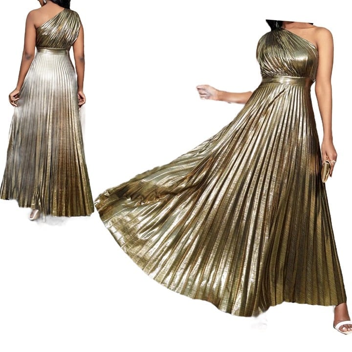 Metallic One-Shoulder Pleated Dress Prom Evening Gown Womens Party Wear Size