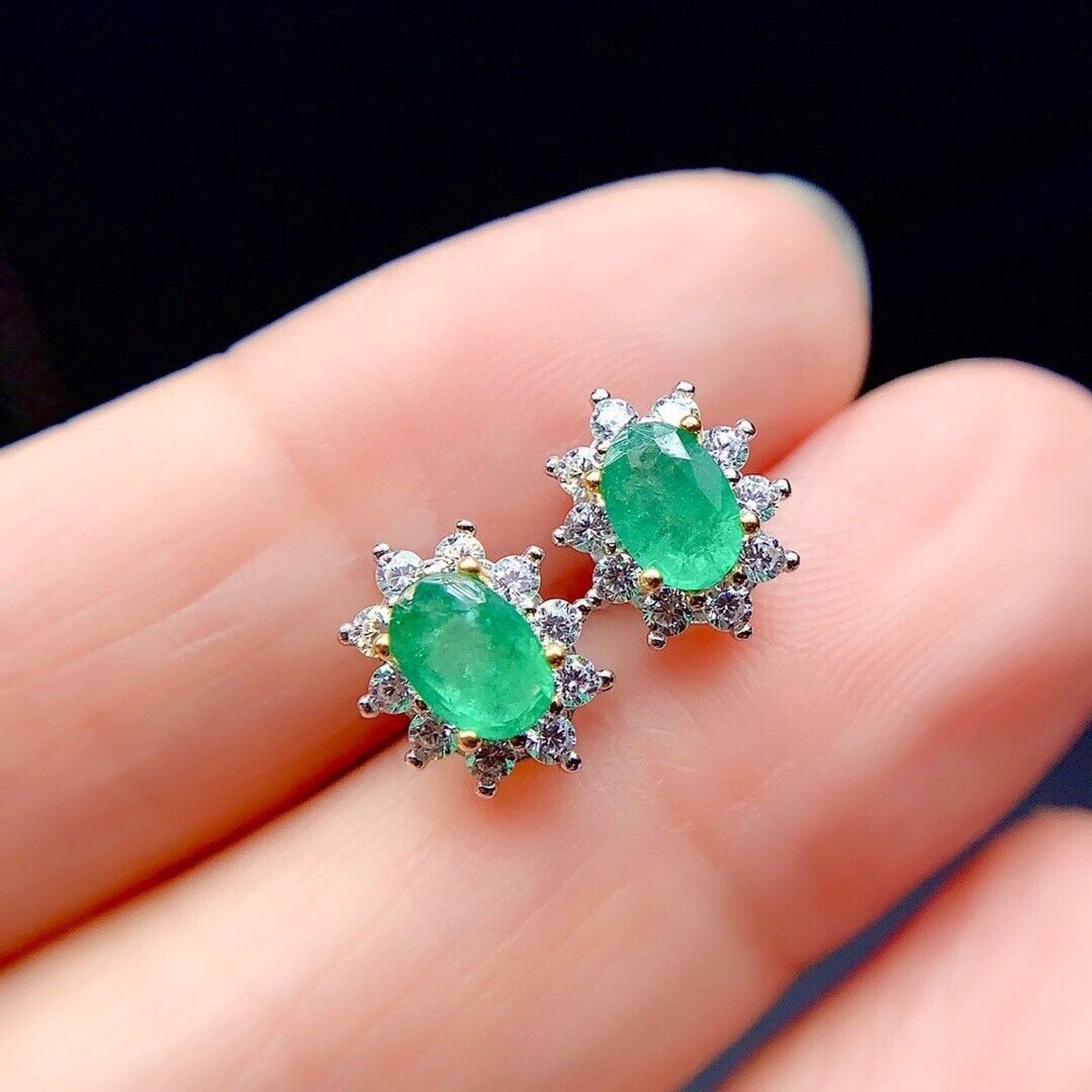 Zambia Emerald Stud Earrings, Natural Emerald Stud Earrings Sterling Silver